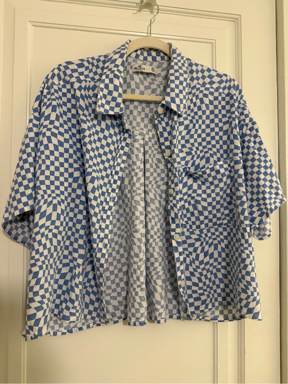 Hollister Blue and White Checker Short-Sleeve Button-Down